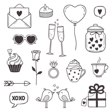 Aşk, romantizm, Sevgililer Günü tema tasarım elementleri karalama stilinde
