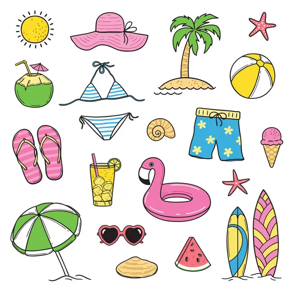一套五彩缤纷的夏季和海滩主题涂鸦元素 免版税图库插图