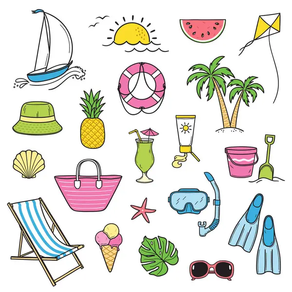 Набір Барвистих Елементів Літньої Пляжної Тематики Каракулі Стокова Ілюстрація