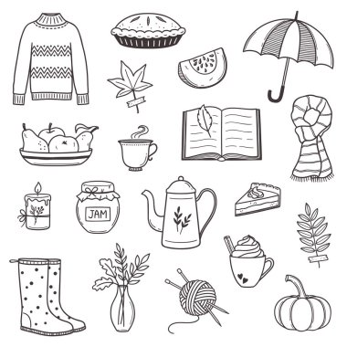 Karalama tarzında bir sonbahar teması seti. Rahat bir yaşam tarzı, kızlık zarı havası.