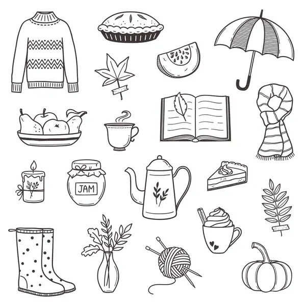 stock vector Set of autumn theme elements in doodle style. Cozy lifestyle, hygge mood