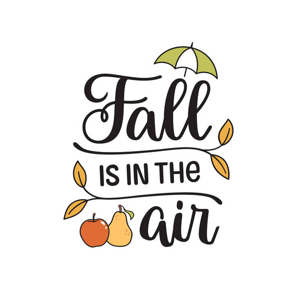 Осень в воздухе рука написания композиции с осенью элементов, таких как зонтик, желтые листья, яблоко и груша