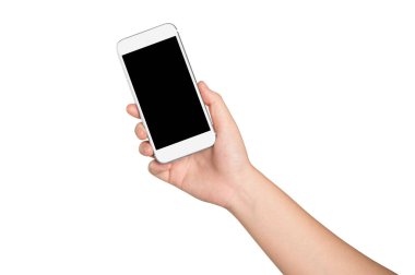 beyaz arkaplanda izole akıllı telefon ile boş ekran tutarak