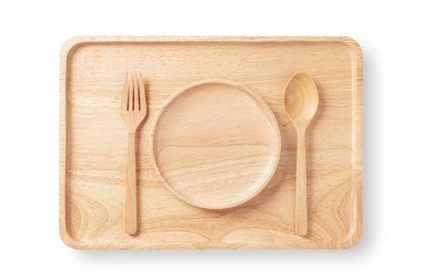 Çatallı tahta tepsi ve beyaz arka planda bıçak.