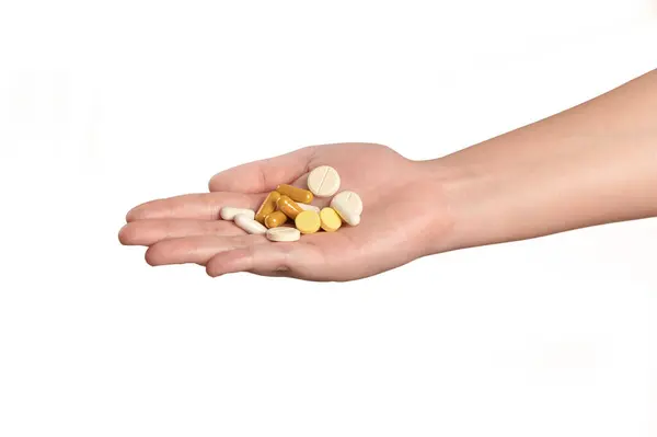 Hand Van Vrouw Het Nemen Van Pillen Uit Palm Geïsoleerd Stockfoto