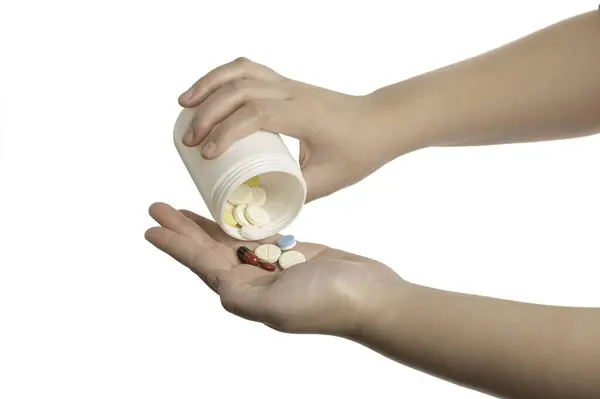 Tangan Wanita Memegang Pil Dengan Pil Stok Gambar