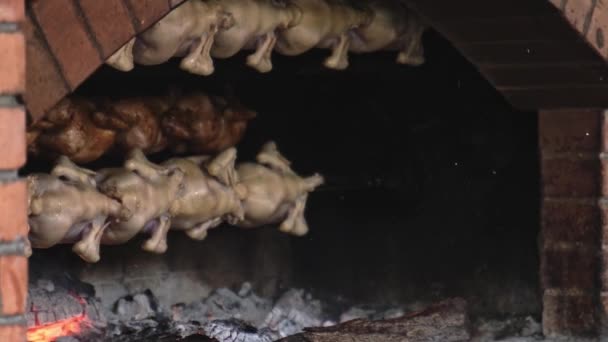 烤鸡肉在火上烤 煤块在街道上烤 慢镜头 靠近点 — 图库视频影像
