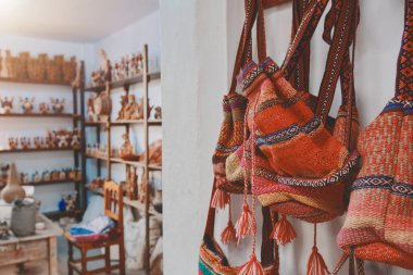 Colorful Peruvian artisanal traditional village in Quinua, Ayacucho Peru. Artwork In Peru in Ayacucho in the andes