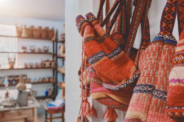 Colorful Peruvian artisanal traditional village in Quinua, Ayacucho Peru. Artwork In Peru in Ayacucho in the andes