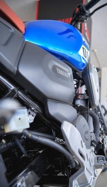 Lima, Peru 2023. Store Yamaha, FZX Connected motorcycle is on display the showroom Yamaha shop 2023, Selective focus