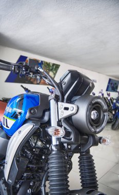 Lima, Peru 2023. Store Yamaha, FZX Connected motorcycle is on display the showroom Yamaha shop 2023, Selective focus