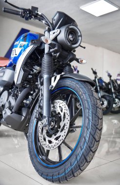 Lima, Peru 2023. Store Yamaha, FZX Connected motorcycle is on display the showroom Yamaha shop 2023, Selective focus