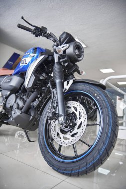 Lima, Peru 2023. Store Yamaha, FZX Connected motorcycle is on display the showroom Yamaha shop 2023, Selective focus