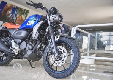 Lima, Peru 2023. Store Yamaha, FZX Connected motorcycle is on display the showroom Yamaha shop 2023, Selective focus