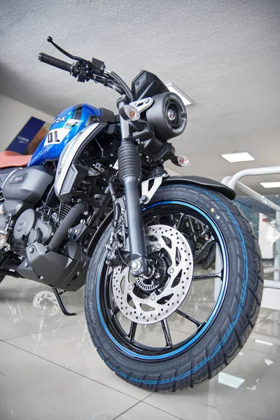 Lima, Peru 2023. Store Yamaha, FZX Connected motorcycle is on display the showroom Yamaha shop 2023, Selective focus