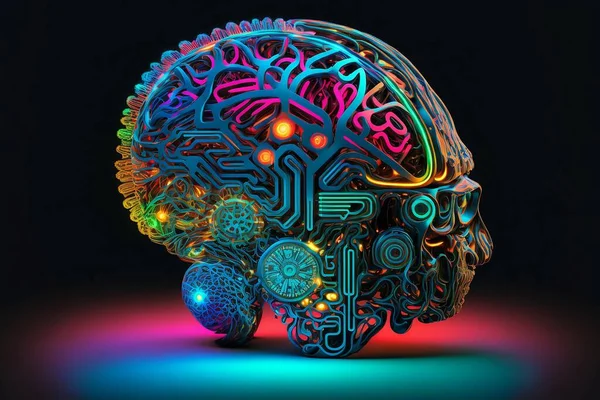 Colorful brain illustration and computer, cyber space concept. Concept art of a human brain exploding with knowledge and creativity, human brain glowing with symbols of technology around.