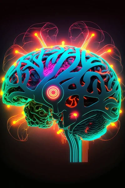 Colorful brain illustration and computer, cyber space concept. Concept art of a human brain exploding with knowledge and creativity, human brain glowing with symbols of technology around.