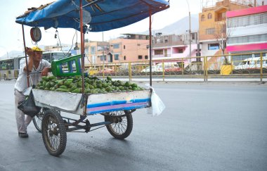 Mobil sokak satıcısı avokado, aguacate, palta satıyor. Yolun kenarında bir Avokado arabası var, Lima 'da seyyar satıcılar çok yaygın..
