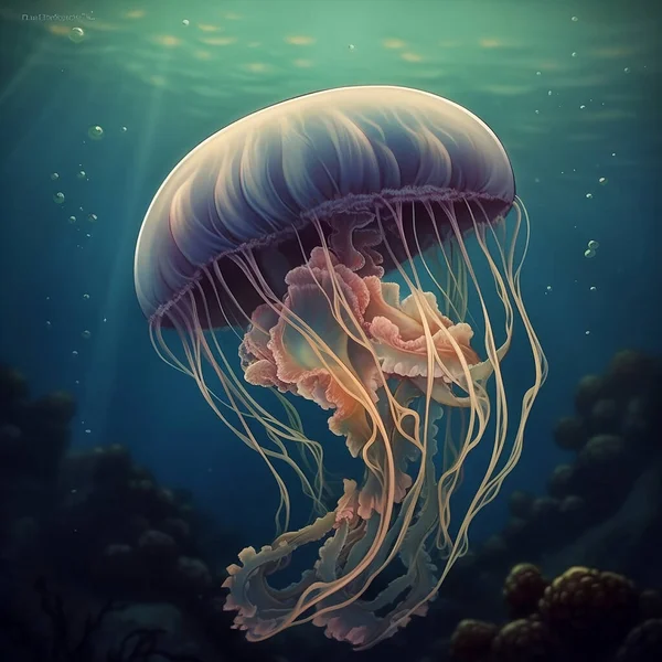 Glowing jellyfish swim deep in blue sea. White Jellyfish dancing in the dark blue ocean water.