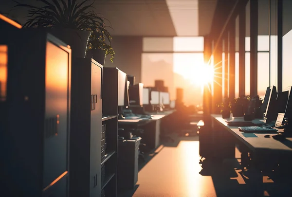 Sun Streaming In Office Through Windows During Sunset