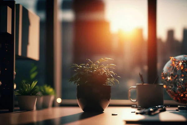 Sun Streaming In Office Through Windows During Sunset