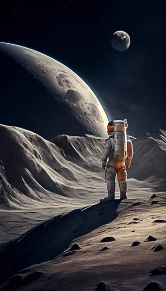 Astronaut sat on the lunar surface observing the universe. Cosmonaut exploring new destinations