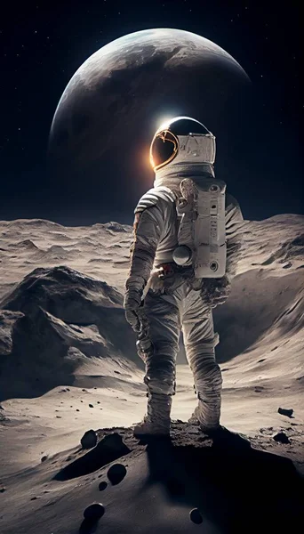 Astronaut sat on the lunar surface observing the universe. Cosmonaut exploring new destinations