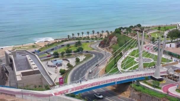 Aerial View Amistad Bridge Connects Districts Miraflores San Isidro City — Stock Video