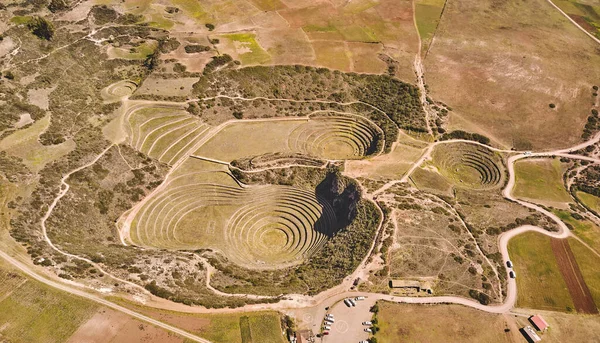 Stock image Concentric terraces Inca period Moray Urubamba valley Peru. Aerial view of Moray Archeological site - Inca ruins of several terraced circular depressions, in Maras, Cusco province, Peru. 