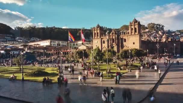 Timelapse Перу Подорожі Плаза Армас Куско Прекрасний Знімок Туристів Йдуть — стокове відео