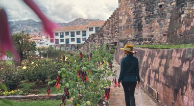 Cusco, Peru 'daki Qorikancha iç bahçelerini keşfeden şık bir turist. Tarihle doğanın büyüleyici bir karışımı..
