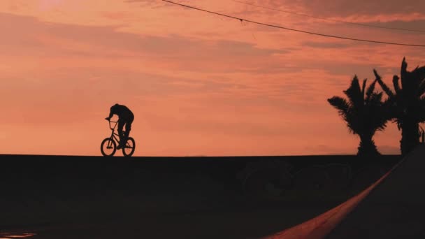 Bmx Motoru Havada Yüksekte Genç Adam Gün Batımında Bmx Bisikleti — Stok video