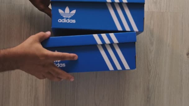 Adidas Sign Adidas Взуттєва Коробка Заснована 1924 Році Німецька Транснаціональна — стокове відео