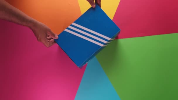 Adidas Sign Adidas Shoe Box Founded 1924 German Multinational Corporation — Stock Video