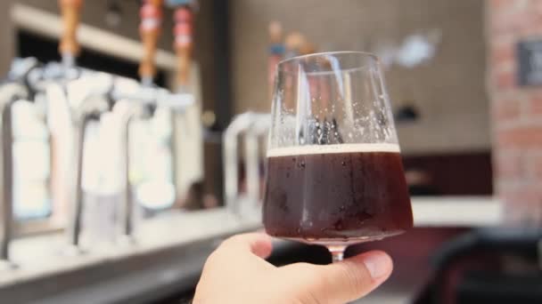 タップでラガービールの大きなグラスを注ぐバーテンダーの手 ビールの排気 アルコール飲料の概念 高品質の4K映像 — ストック動画