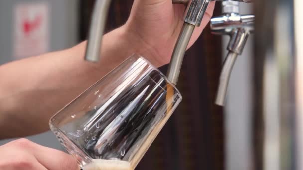 Hand Van Barman Die Een Groot Glas Bier Met Tap — Stockvideo