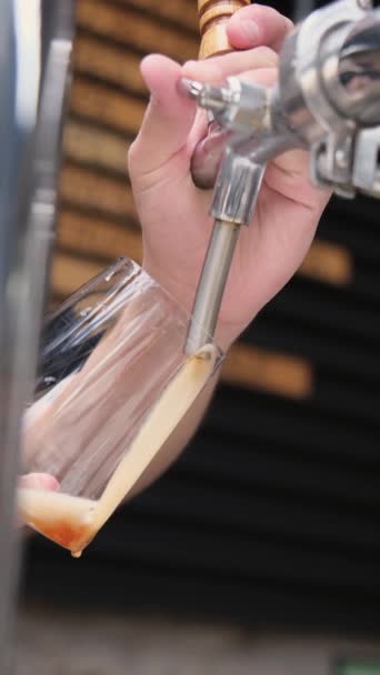 Tangan Bartender Menuangkan Segelas Besar Bir Lager Dengan Keran Degustasi — Stok Video