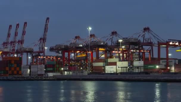 在Callao港的码头和集装箱视图 散装货船和载货船停靠在泊位边 进行货物装卸作业 — 图库视频影像