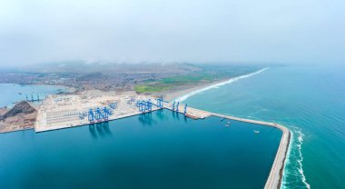 Chancay seaport. Located in Peru, Mega port under construction by the Chinese company COSCO SHIPPING, South American maritime hub with mega ship capacity. Chacay Lima, Peru. clipart