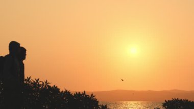 Siluet içinde yürüyen ve sahilde öpüşen genç bir çift.