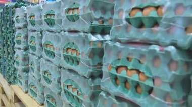 Plastik filme sarılı büyük yumurta kutuları bir depodaki paletlere yerleştiriliyor ve verimli depolama ve dağıtım hazırlıklarını gösteriyor.