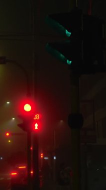 Sisli bir gecede yaya trafik ışıkları kırmızıdan yeşile dönüyor