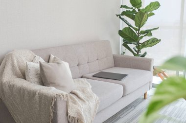 Dizüstü bilgisayarlı modern ofis kurulumu şık oturma odasında rahat ve üretken bir uzaktan çalışma sunuyor.