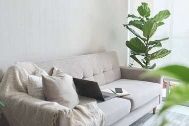 Dizüstü bilgisayarlı modern ofis kurulumu şık oturma odasında rahat ve üretken bir uzaktan çalışma sunuyor.
