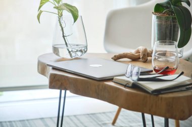 Uzak çalışma ve serbest yaşam tarzı için ideal, ahşap bir masa üzerinde dizüstü bilgisayar, bitkiler ve defter içeren modern ofis kurulumu