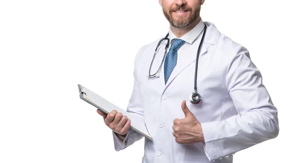 Medical Doctor Crop View Medical Man Holding Clipboard Showing Thumbs — Stock Photo, Image