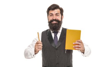 Mutlu okul öğretmeni okuma ve yazma öğretmek için kitap ve kalem tutuyor, dahi. eğitim.