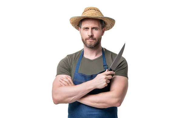 Homem Chef Avental Chapéu Segurar Faca Isolada Fundo Branco — Fotografia de Stock