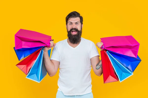 Shouting Man Shop Bags Shopper Man Beard Shop Purchase Concept — Stock Photo, Image