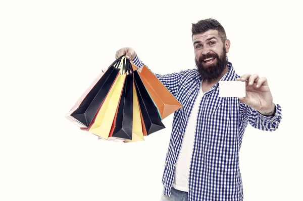 Compras Seguras Conceito Defesa Consumidor Homem Feliz Consumidor Segurar Sacos — Fotografia de Stock